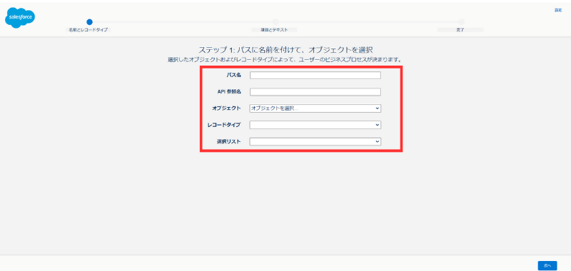 名前とレコードタイプを指定し、「次へ」をクリック